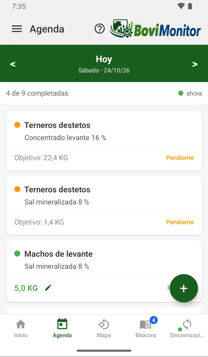 La agenda de hoy en la app: cada lote con su suplemento y la cantidad que le toca, con lo pendiente y lo ya entregado