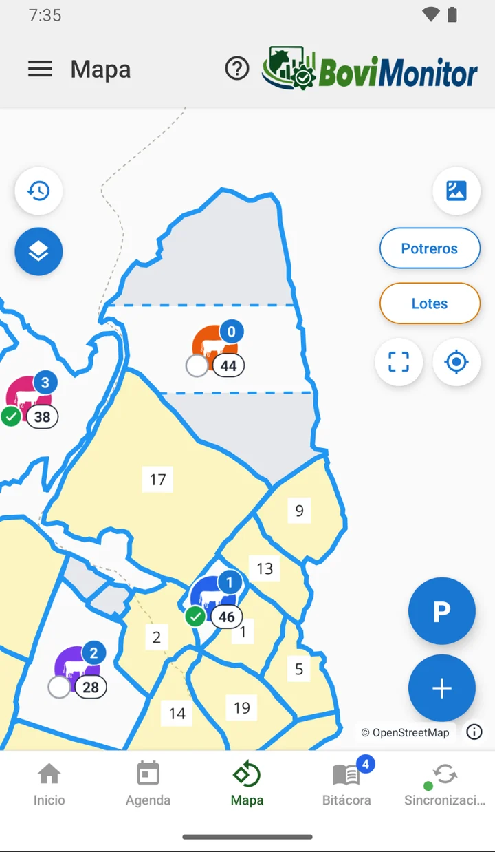 El mapa de potreros en la app: un potrero dividido en tres franjas, con un lote en la del medio