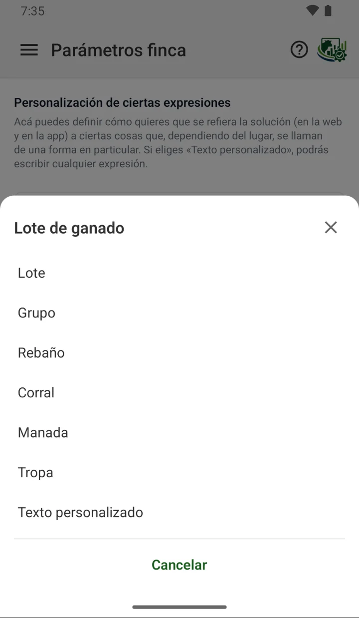 Los parámetros de la finca en la app: las opciones para nombrar al lote de ganado: lote, grupo, rebaño, corral, manada, tropa o un texto propio