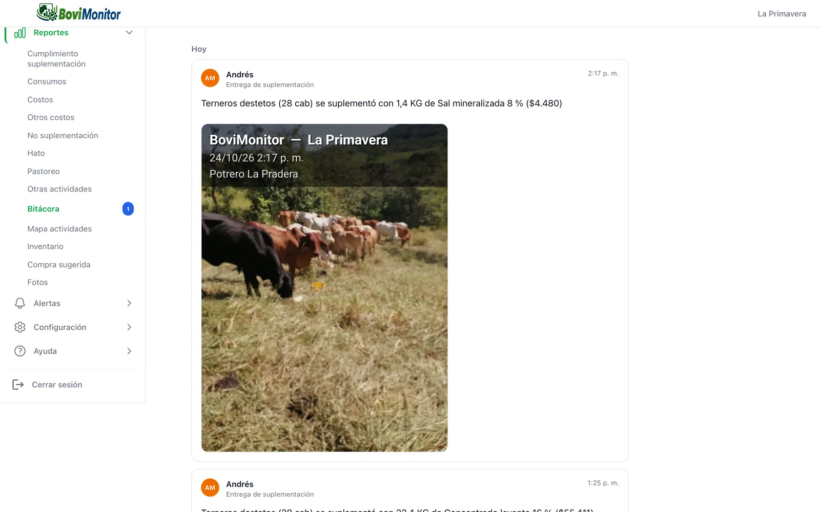 La Bitácora en la web: una entrega de sal mineralizada a los Terneros destetos, registrada por Andrés a las 2:17 p. m., con la foto del lote comiendo y su marca de agua